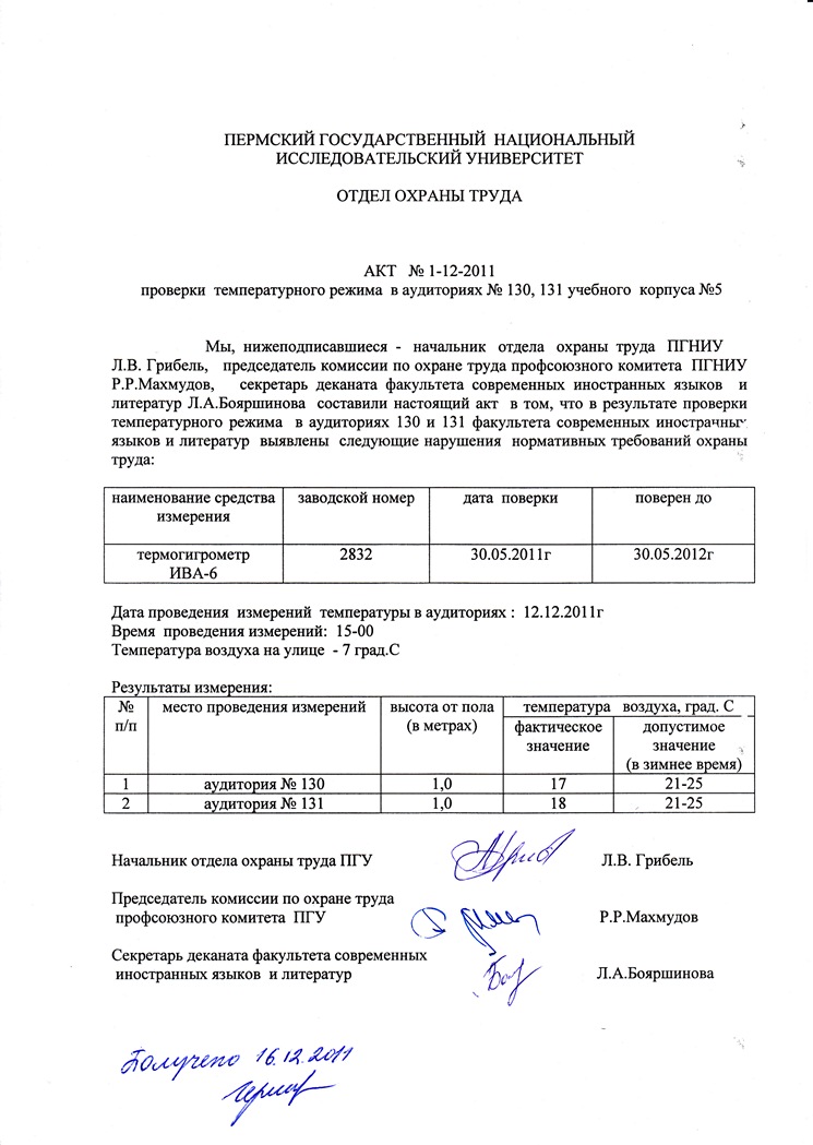 Образец акта замера температуры в жилом помещении